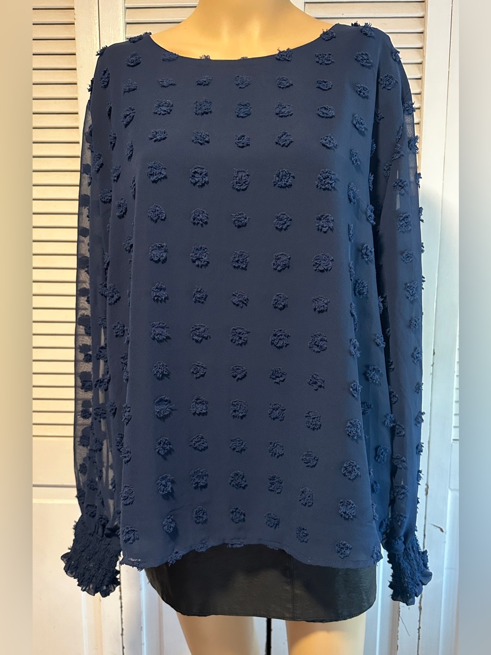 NWT Blooming Jelly Navy Blue Swiss Dot Pom-Pom Long Sleeve Blouse XXL